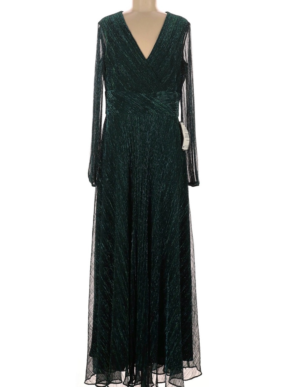 Betsy & Adam Deep Emerald Green shimmery Long Sleeve V-Neck Maxi Gown